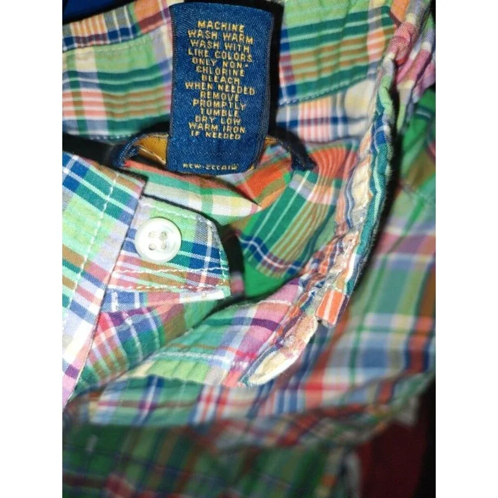 Polo Ralph Lauren Boys 4T Plaid Button Down Shirt Green Orange Blue Short Sleeve